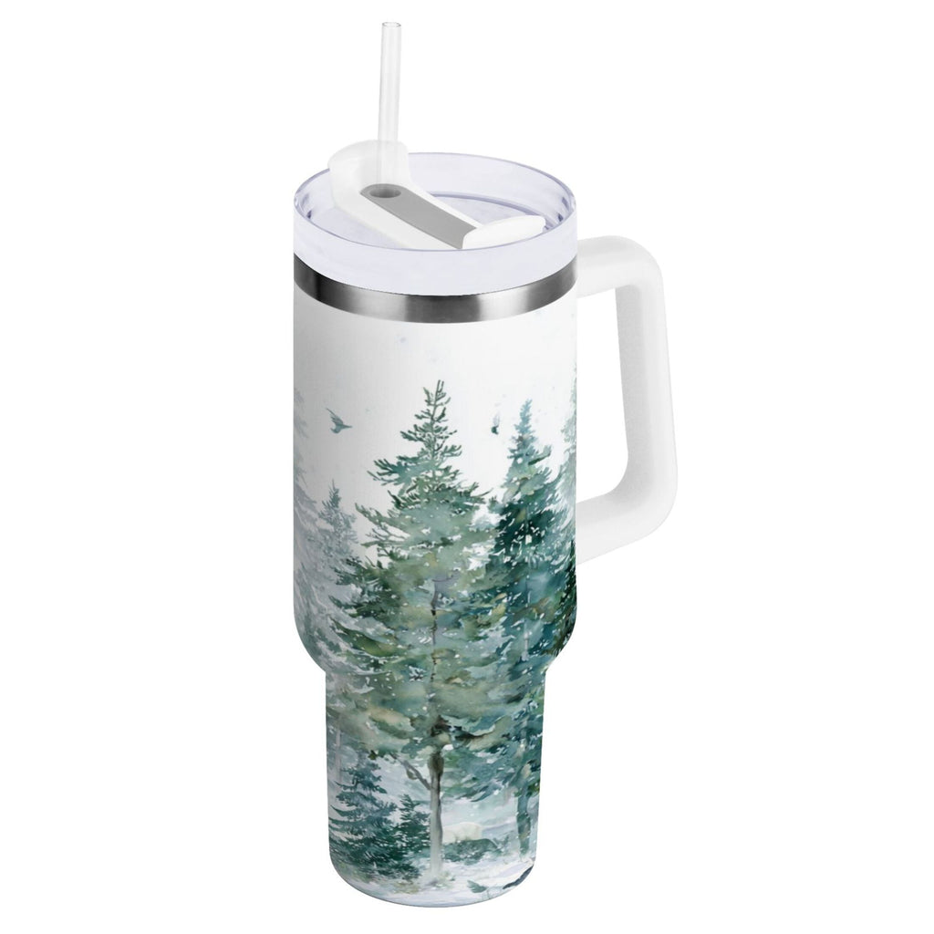 30 oz Insulated Stainless Steel Tumbler Double Wall Stainless Steel Tumbler with 2-Way Drinking Green Snowy Forest Scene - RL1K