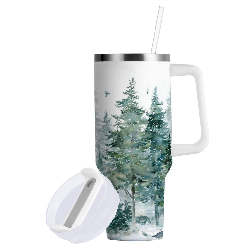 30 oz Insulated Stainless Steel Tumbler Double Wall Stainless Steel Tumbler with 2-Way Drinking Green Snowy Forest Scene - RL1K