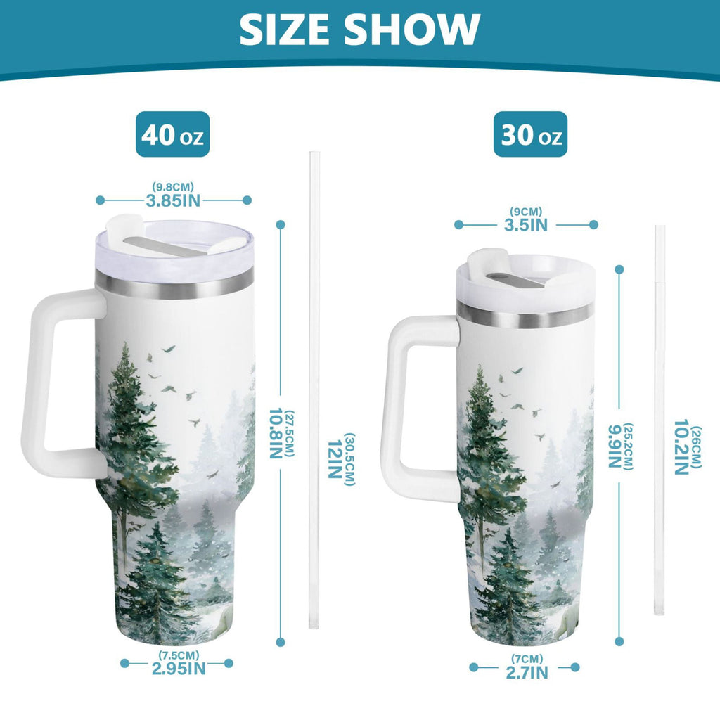 30 oz Insulated Stainless Steel Tumbler Double Wall Stainless Steel Tumbler with 2-Way Drinking Green Snowy Forest Scene - RL1K