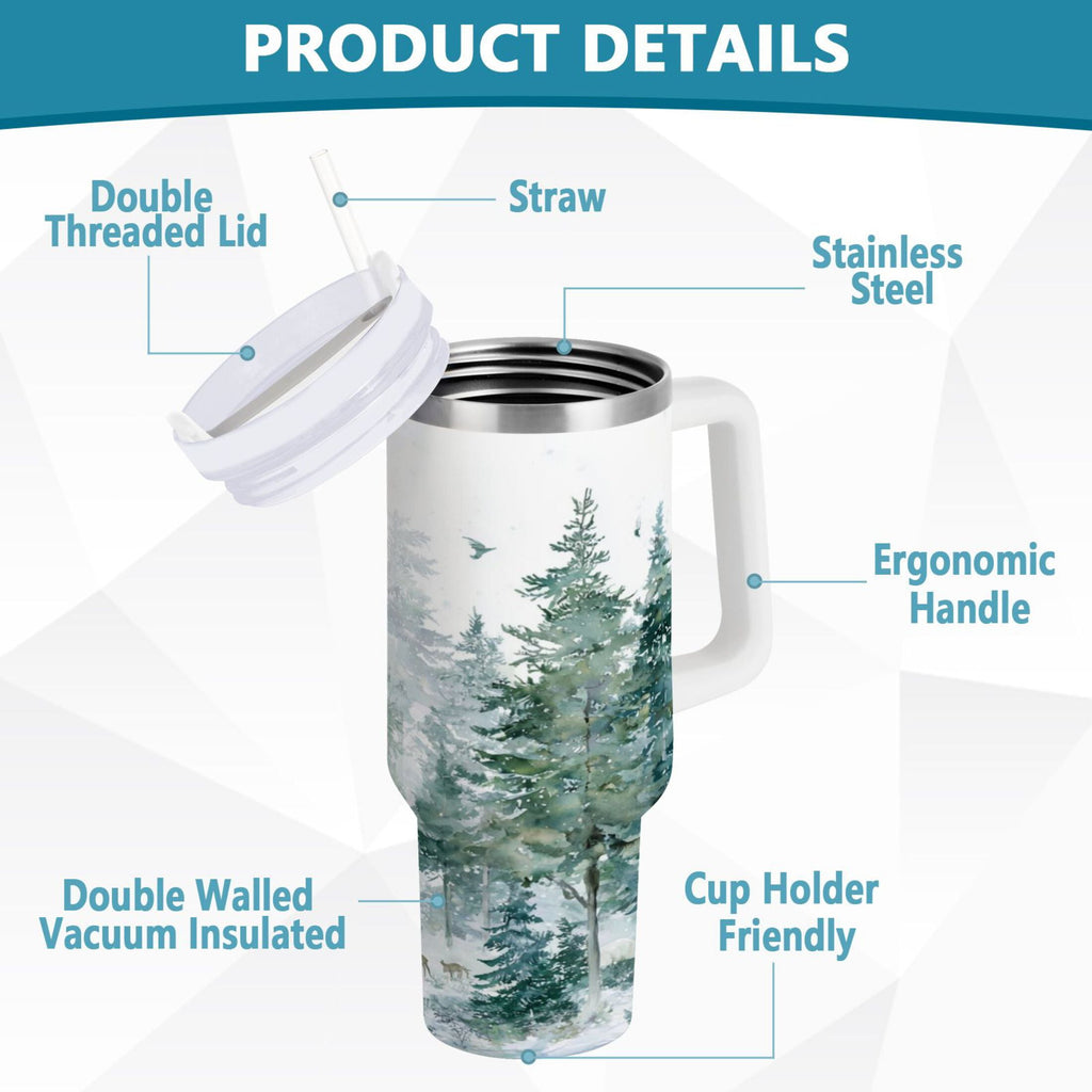 30 oz Insulated Stainless Steel Tumbler Double Wall Stainless Steel Tumbler with 2-Way Drinking Green Snowy Forest Scene - RL1K