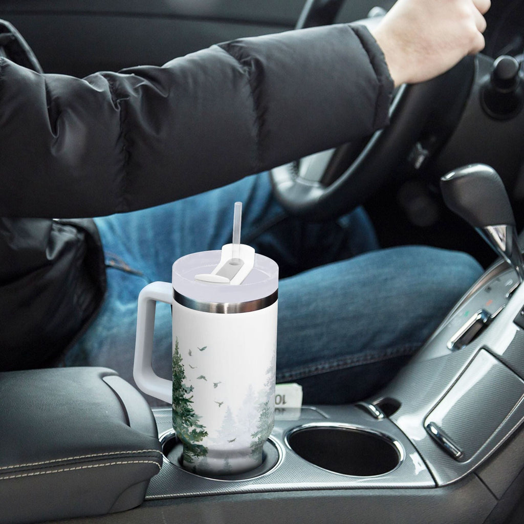 30 oz Insulated Stainless Steel Tumbler Double Wall Stainless Steel Tumbler with 2-Way Drinking Green Snowy Forest Scene - RL1K