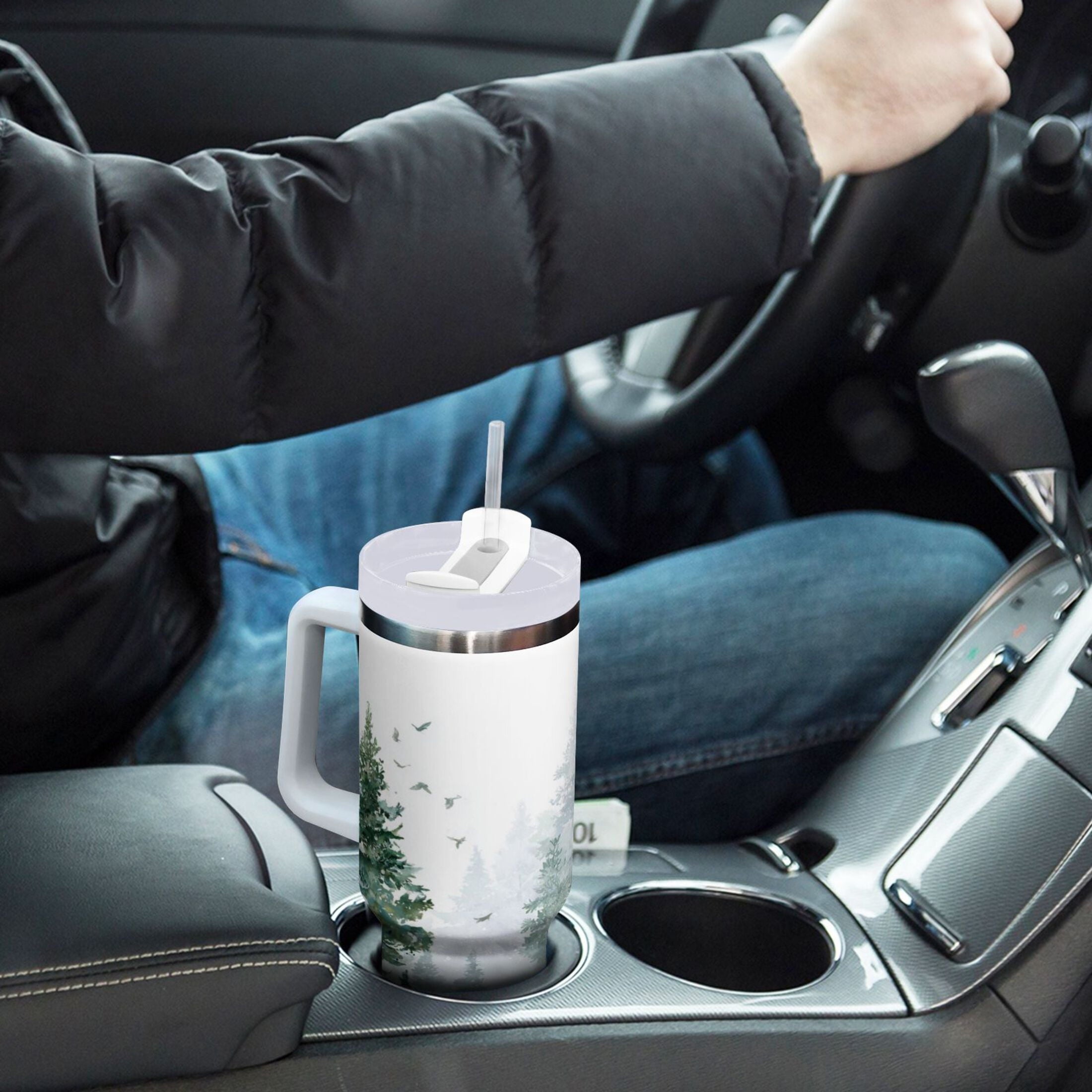 30 oz Insulated Stainless Steel Tumbler Double Wall Stainless Steel Tumbler with 2-Way Drinking Green Snowy Forest Scene - RL1K