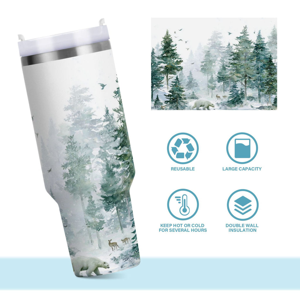 30 oz Insulated Stainless Steel Tumbler Double Wall Stainless Steel Tumbler with 2-Way Drinking Green Snowy Forest Scene - RL1K