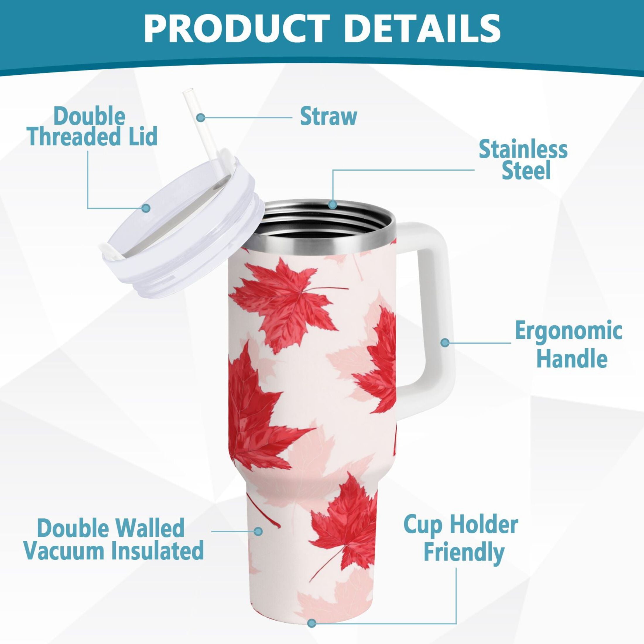 40 oz Insulated Stainless Steel Tumbler Double Wall Stainless Steel Tumbler with 2-Way Drinking Red Maple Leaves Pattern - C7HQ