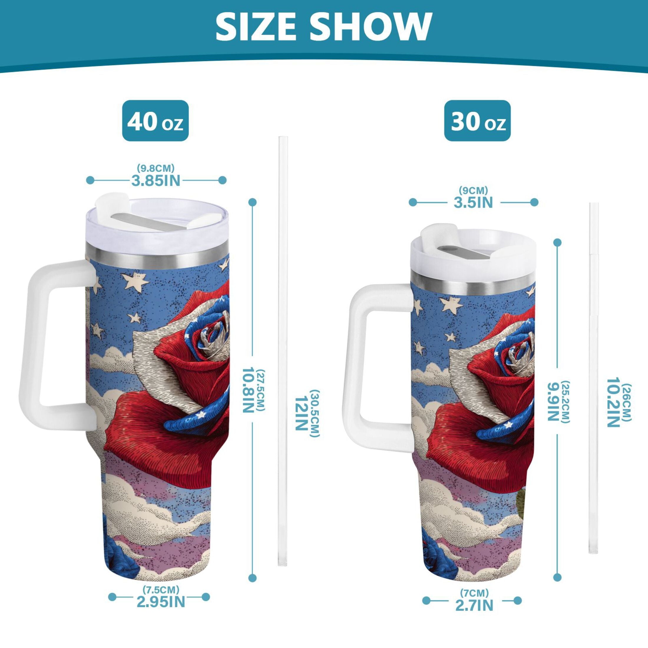 40 oz Insulated Stainless Steel Tumbler Double Wall Stainless Steel Tumbler with 2-Way Drinking Roses and Clouds - CHBA