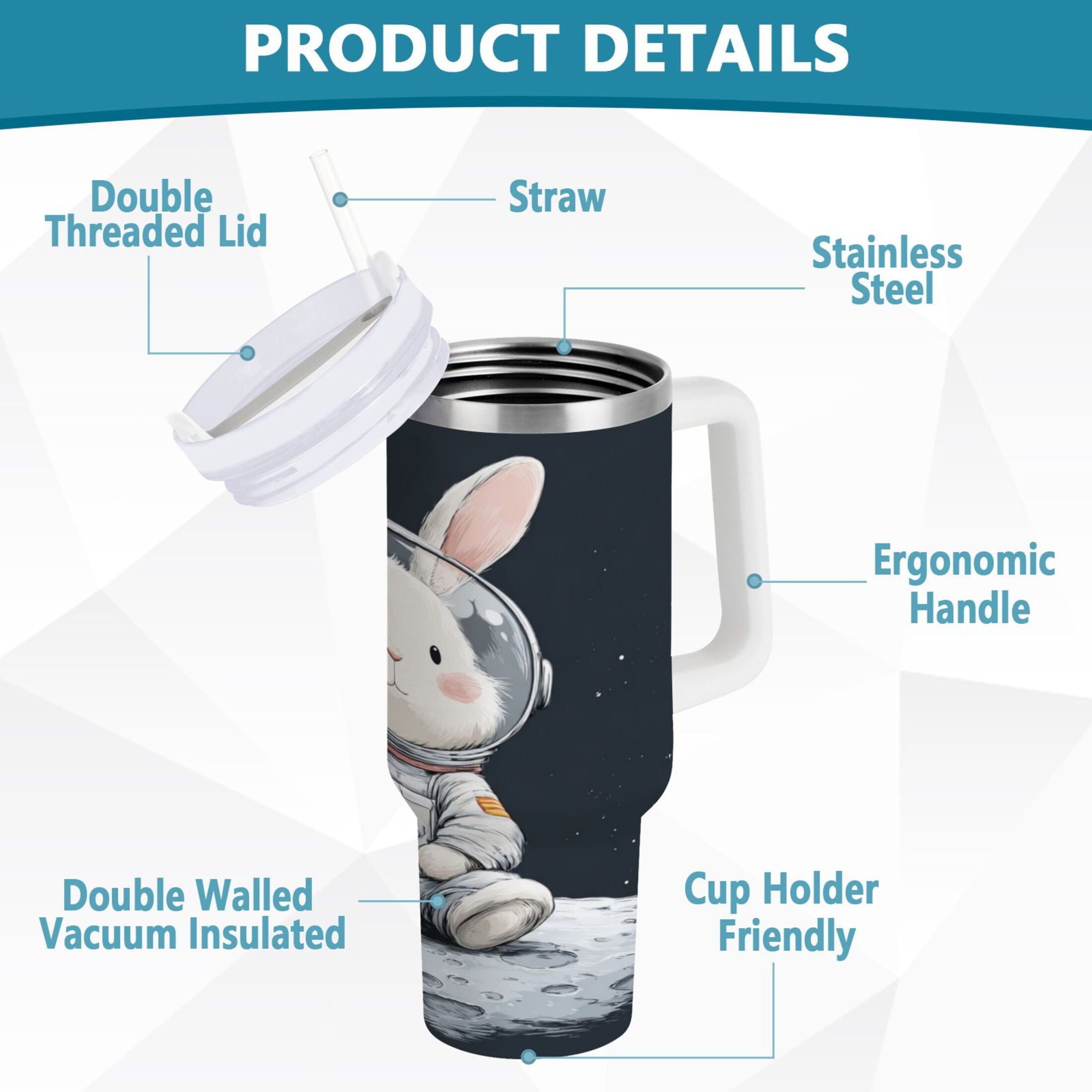 40 oz Insulated Stainless Steel Tumbler Double Wall Stainless Steel Tumbler with 2-Way Drinking Rabbit in A Space - MD1S