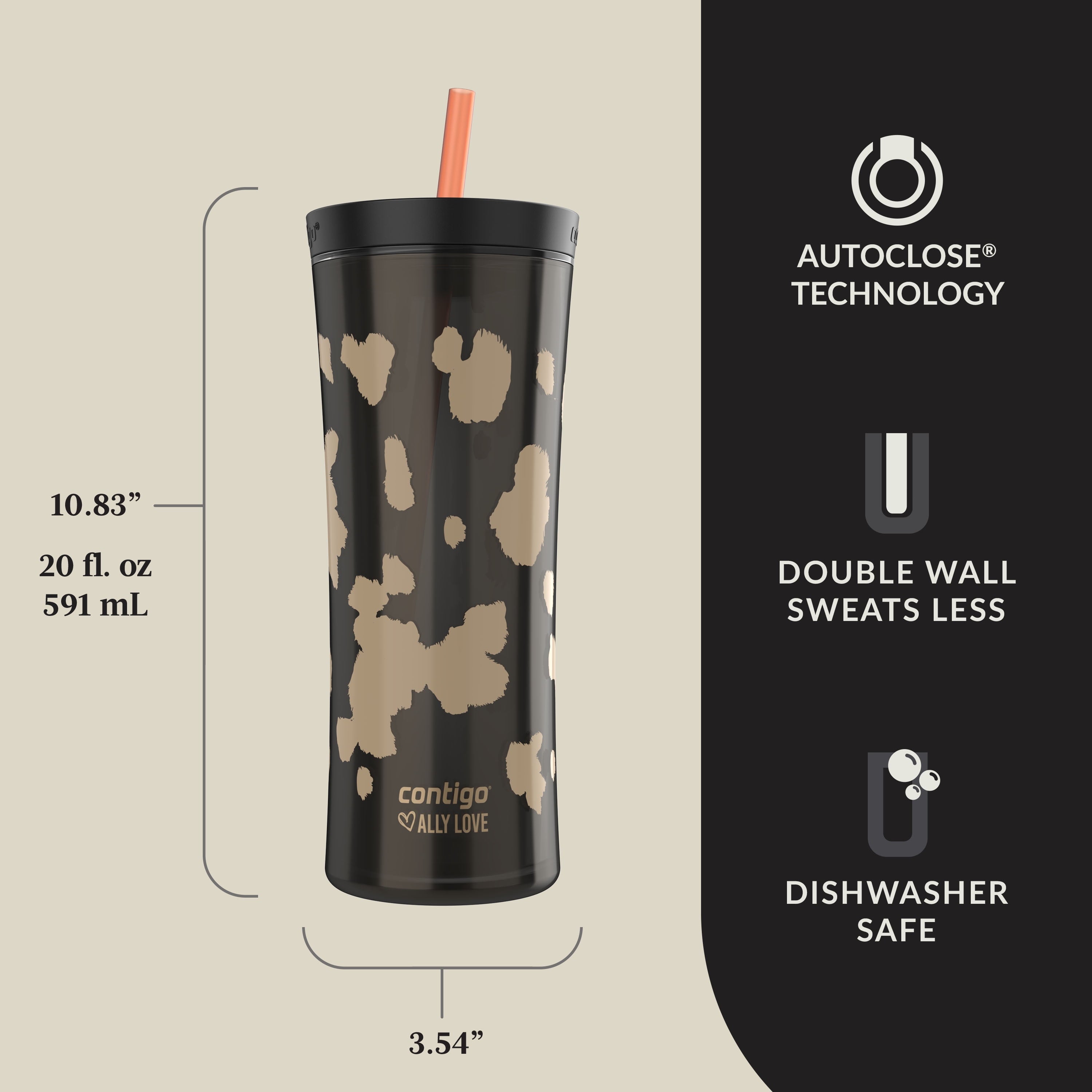 Contigo 20oz Shake &amp; Go Tumbler, Plastic with Straw, Licorice Cowhide Couture - A7NV