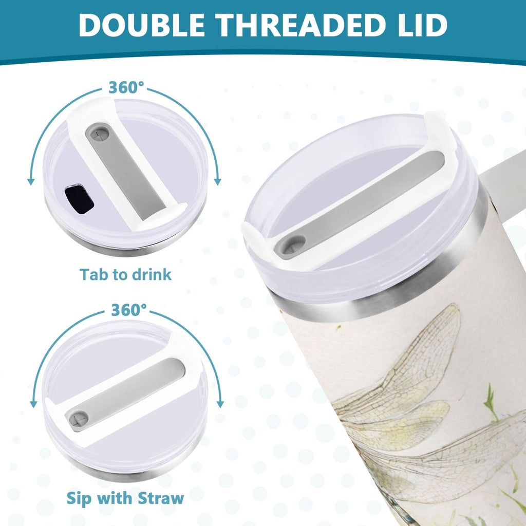30 oz Insulated Stainless Steel Tumbler Double Wall Stainless Steel Tumbler with 2-Way Drinking Dragonflies with White Daisies - BM0T