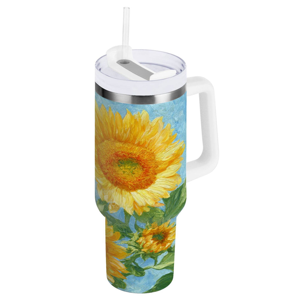 40 oz Insulated Stainless Steel Tumbler Double Wall Stainless Steel Tumbler with 2-Way Drinking Sunflower Oil Painting - 9EUD