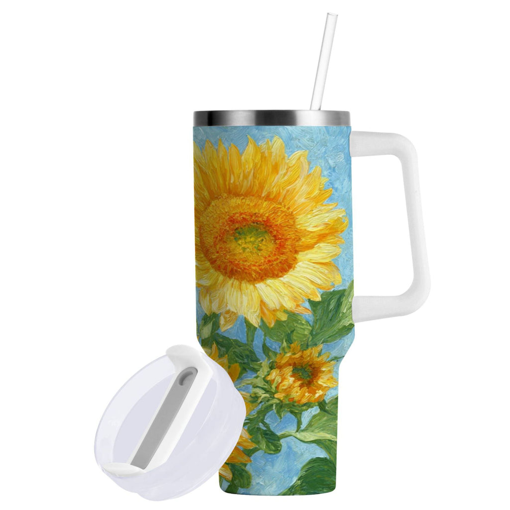 40 oz Insulated Stainless Steel Tumbler Double Wall Stainless Steel Tumbler with 2-Way Drinking Sunflower Oil Painting - 9EUD