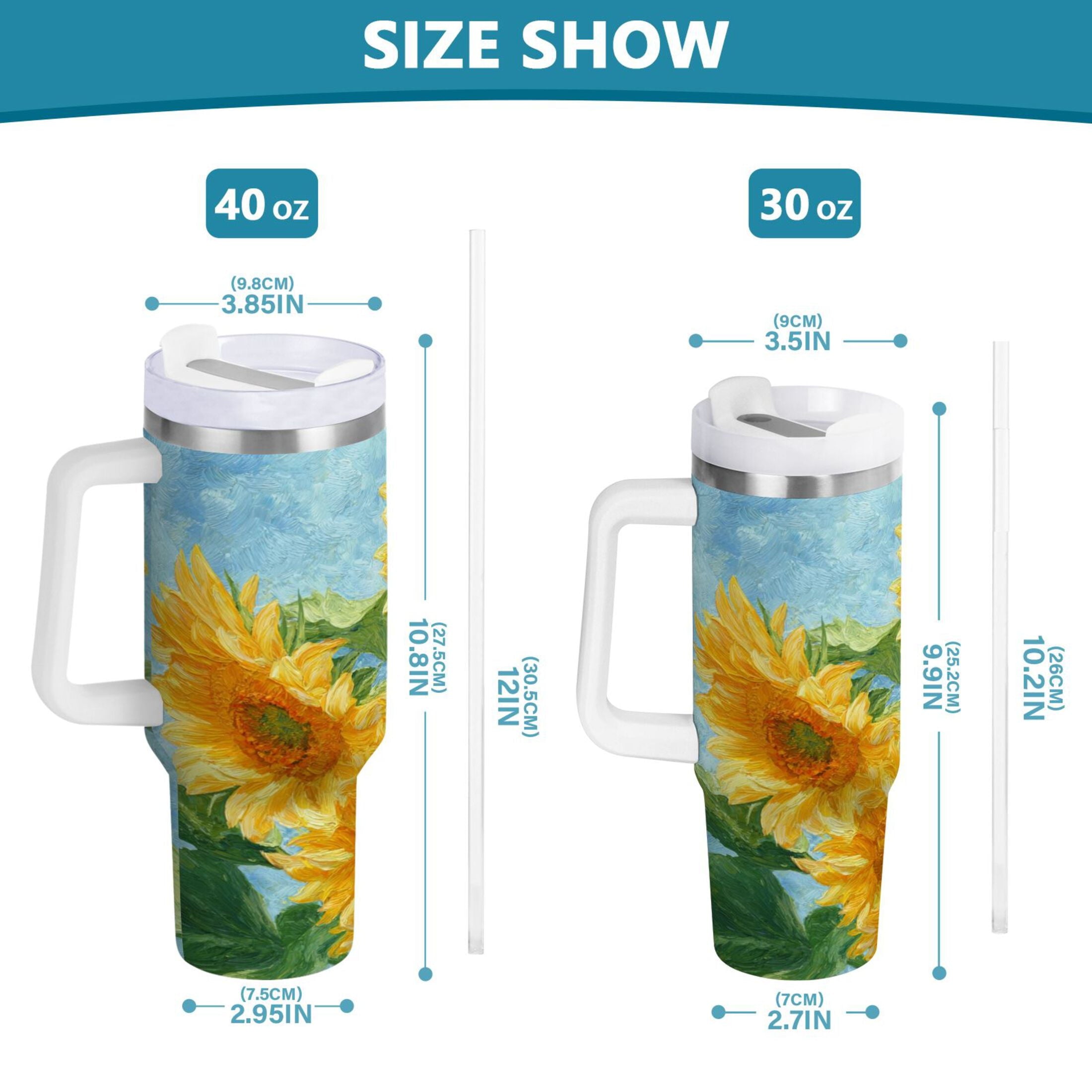 40 oz Insulated Stainless Steel Tumbler Double Wall Stainless Steel Tumbler with 2-Way Drinking Sunflower Oil Painting - 9EUD