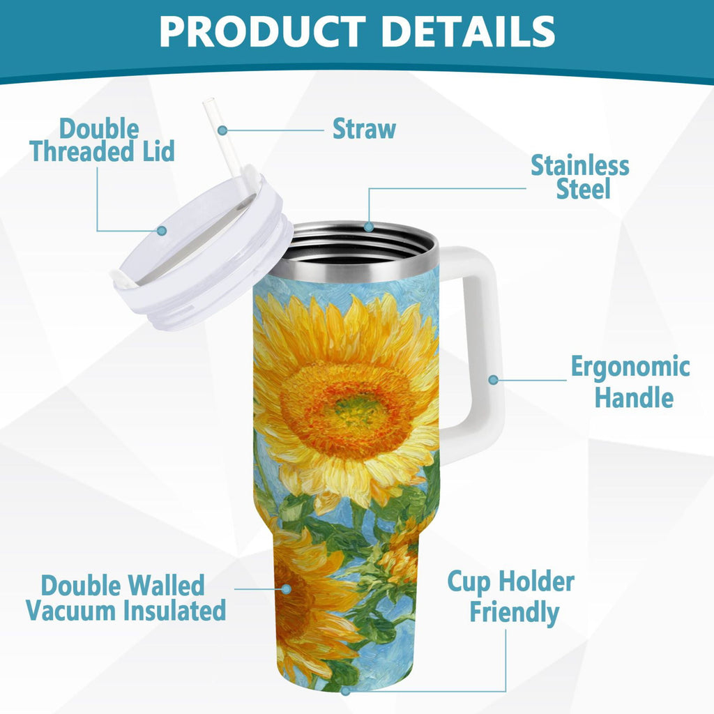 40 oz Insulated Stainless Steel Tumbler Double Wall Stainless Steel Tumbler with 2-Way Drinking Sunflower Oil Painting - 9EUD