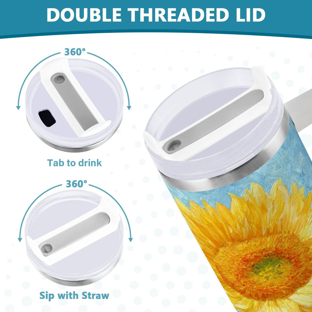 40 oz Insulated Stainless Steel Tumbler Double Wall Stainless Steel Tumbler with 2-Way Drinking Sunflower Oil Painting - 9EUD