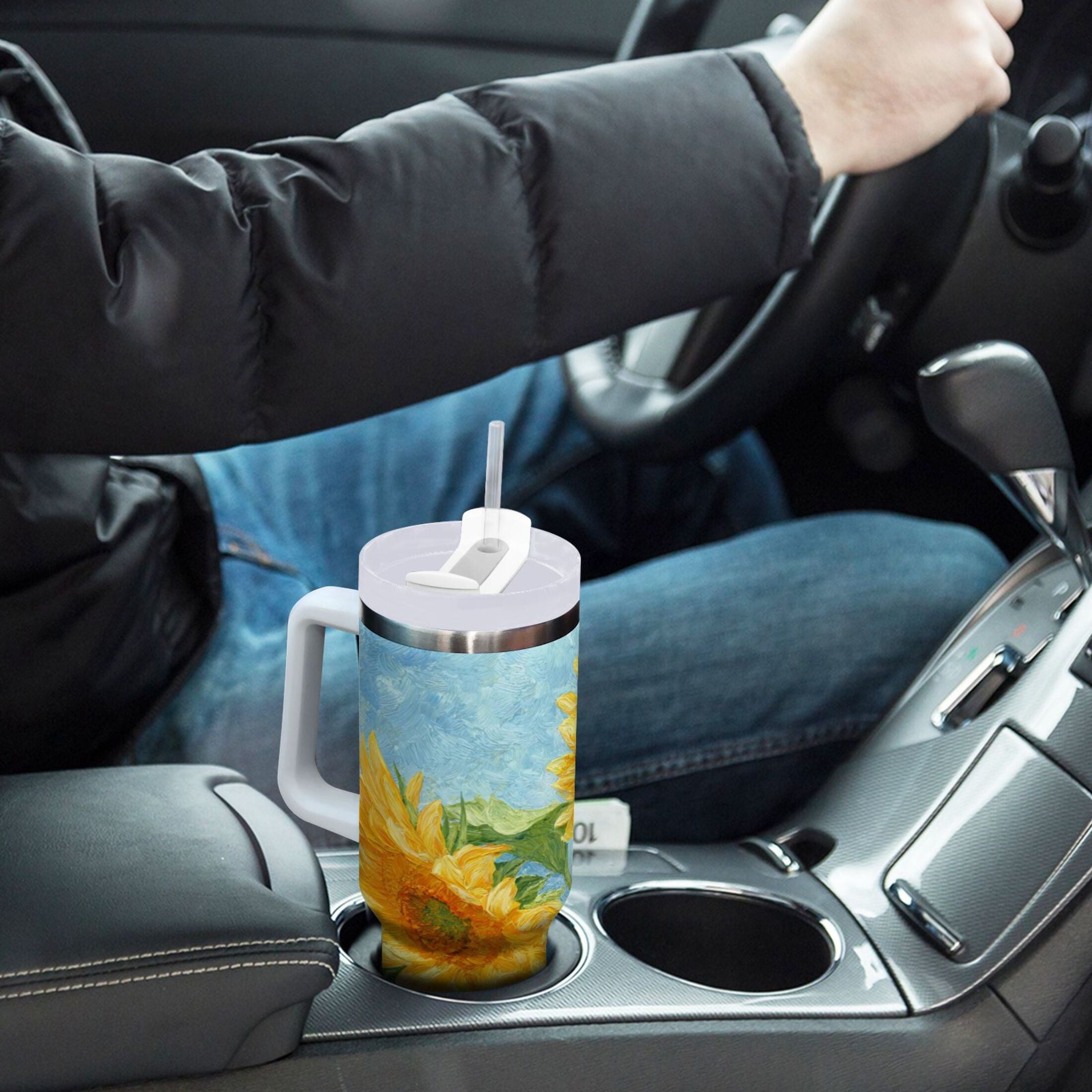 40 oz Insulated Stainless Steel Tumbler Double Wall Stainless Steel Tumbler with 2-Way Drinking Sunflower Oil Painting - 9EUD