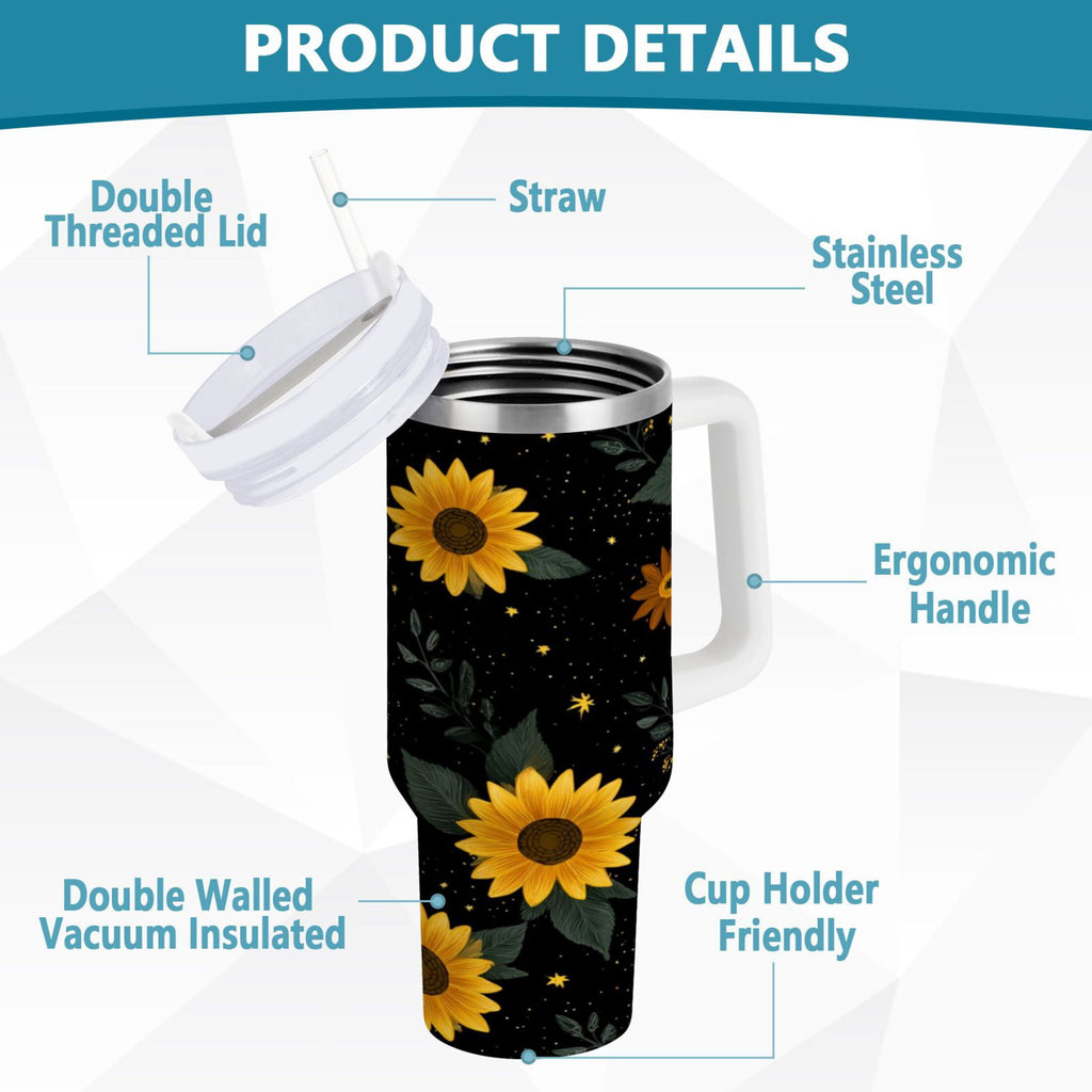30 oz Insulated Stainless Steel Tumbler Double Wall Stainless Steel Tumbler with 2-Way Drinking Yellow Sunflower Pattern - 65JK