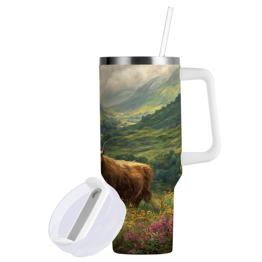 30 oz Insulated Stainless Steel Tumbler Double Wall Stainless Steel Tumbler with 2-Way Drinking Cow in Green Rolling Hills - WSHG