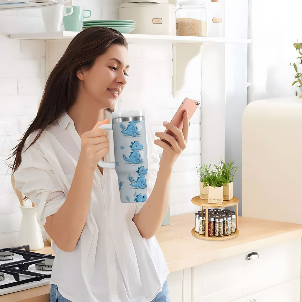 30 oz Insulated Stainless Steel Tumbler Double Wall Stainless Steel Tumbler with 2-Way Drinking Cartoon Blue Dinosaurs - A1AT