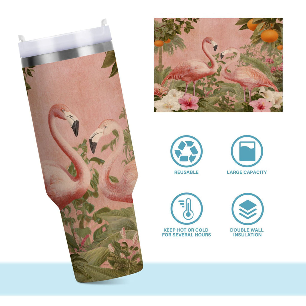 40 oz Insulated Stainless Steel Tumbler Double Wall Stainless Steel Tumbler with 2-Way Drinking Flamingos in Tropical Garden - YBT5