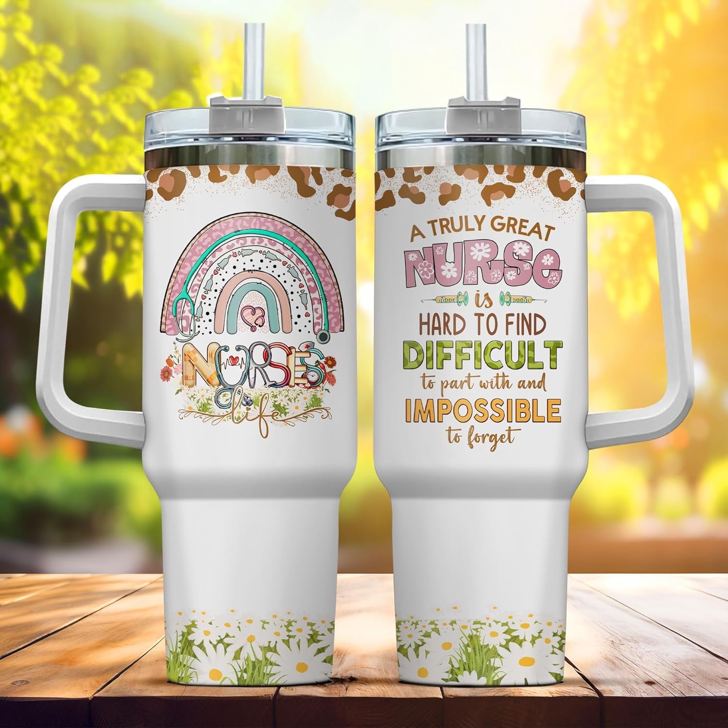 Tumbler 40 Oz With Handle Lid And Straw, Nurse Gifts, Black Camo White Engraved Print Travel Nurses Tumblers Handle Funny Cups Nursing For, Great Nurse Rainbow Daisy Flower - UUWW