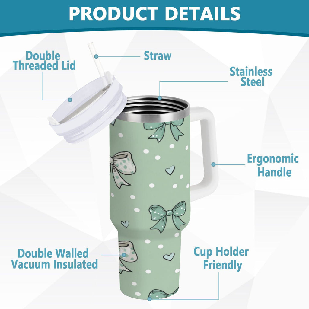 30 oz Insulated Stainless Steel Tumbler Double Wall Stainless Steel Tumbler with 2-Way Drinking Green and Mint Bows - TSSH