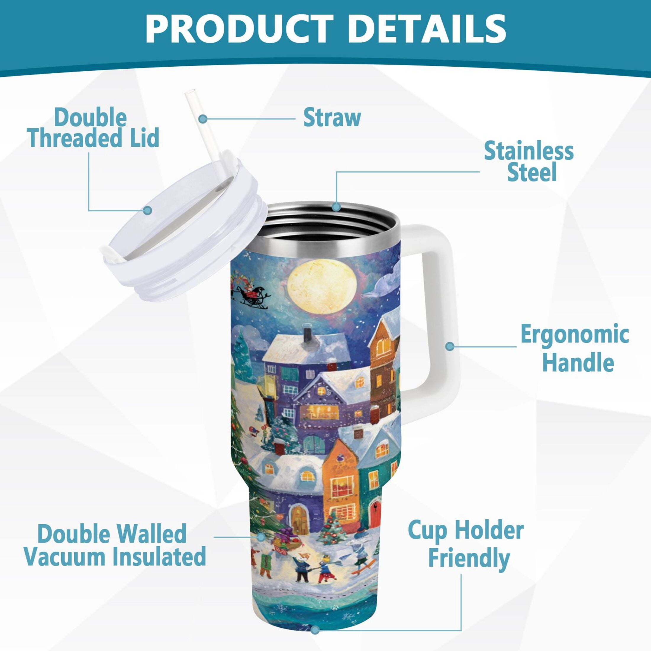 30 oz Insulated Stainless Steel Tumbler Double Wall Stainless Steel Tumbler with 2-Way Drinking Charming Christmas Scene - J7CT
