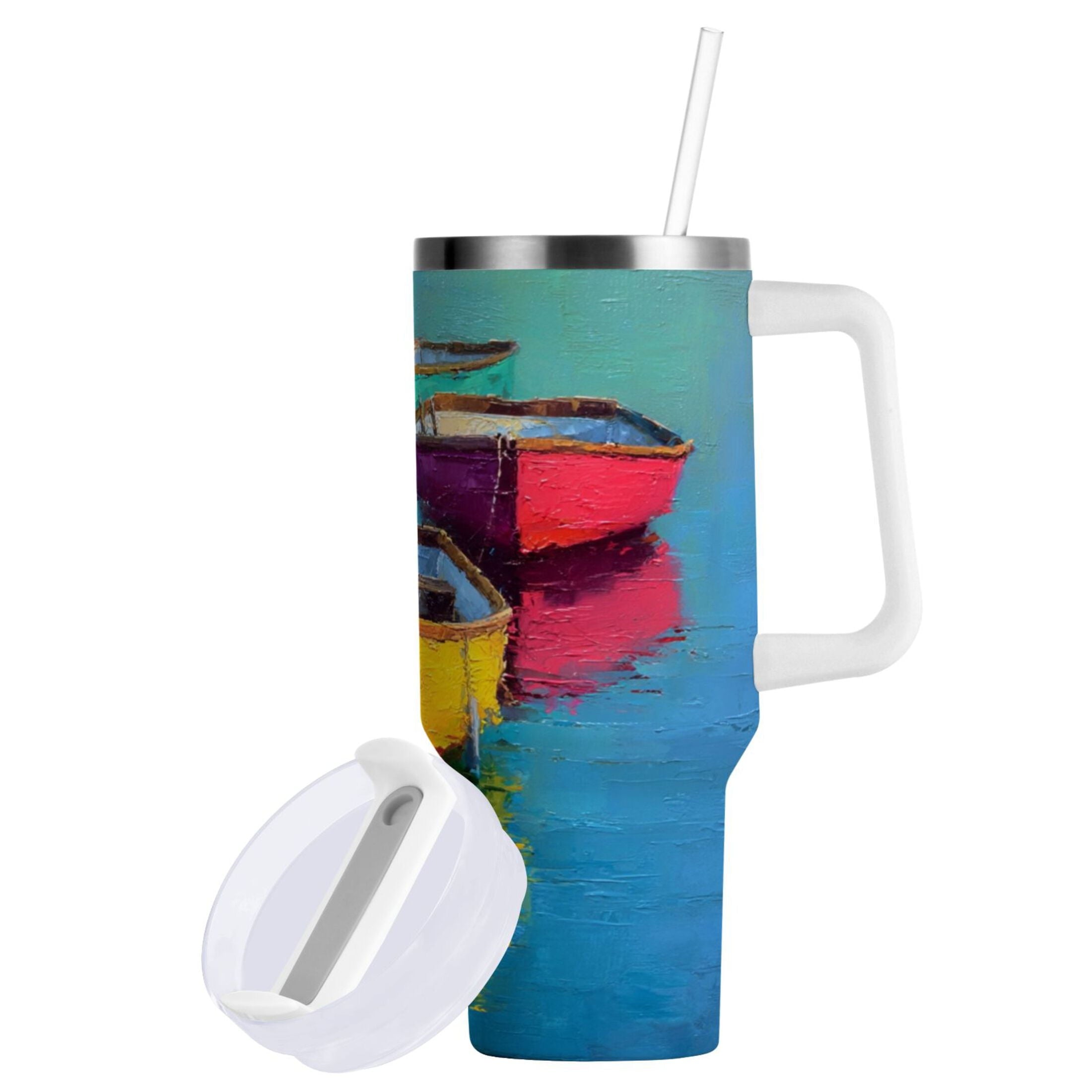 30 oz Insulated Stainless Steel Tumbler Double Wall Stainless Steel Tumbler with 2-Way Drinking Colorful Row Boats - J51Q