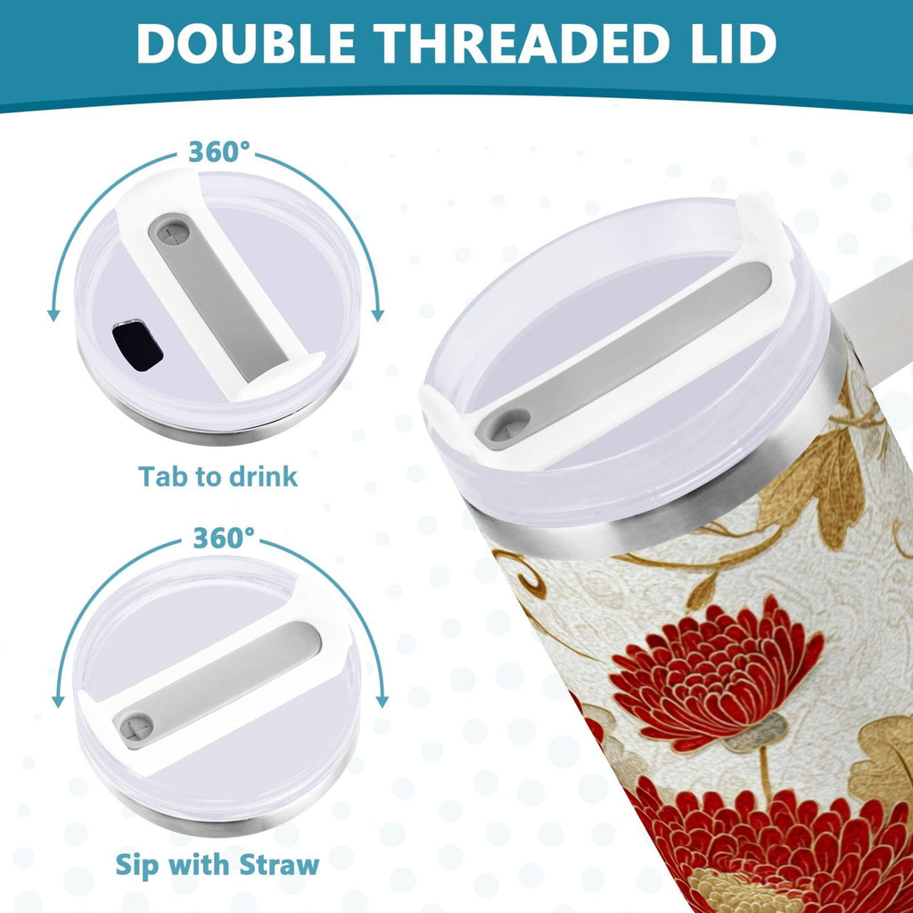 30 oz Insulated Stainless Steel Tumbler Double Wall Stainless Steel Tumbler with 2-Way Drinking Red Chrysanthemum Pattern - PTOO