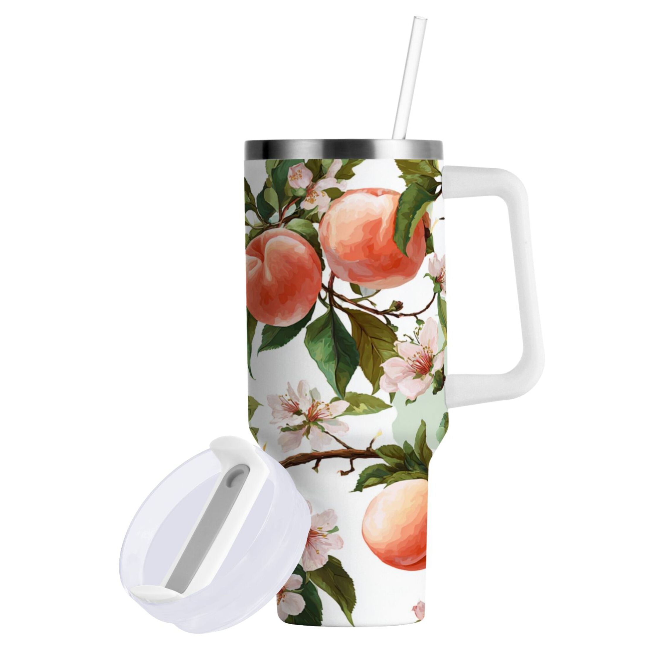 30 oz Insulated Stainless Steel Tumbler Double Wall Stainless Steel Tumbler with 2-Way Drinking Peach Fruit Pattern - ZPM5