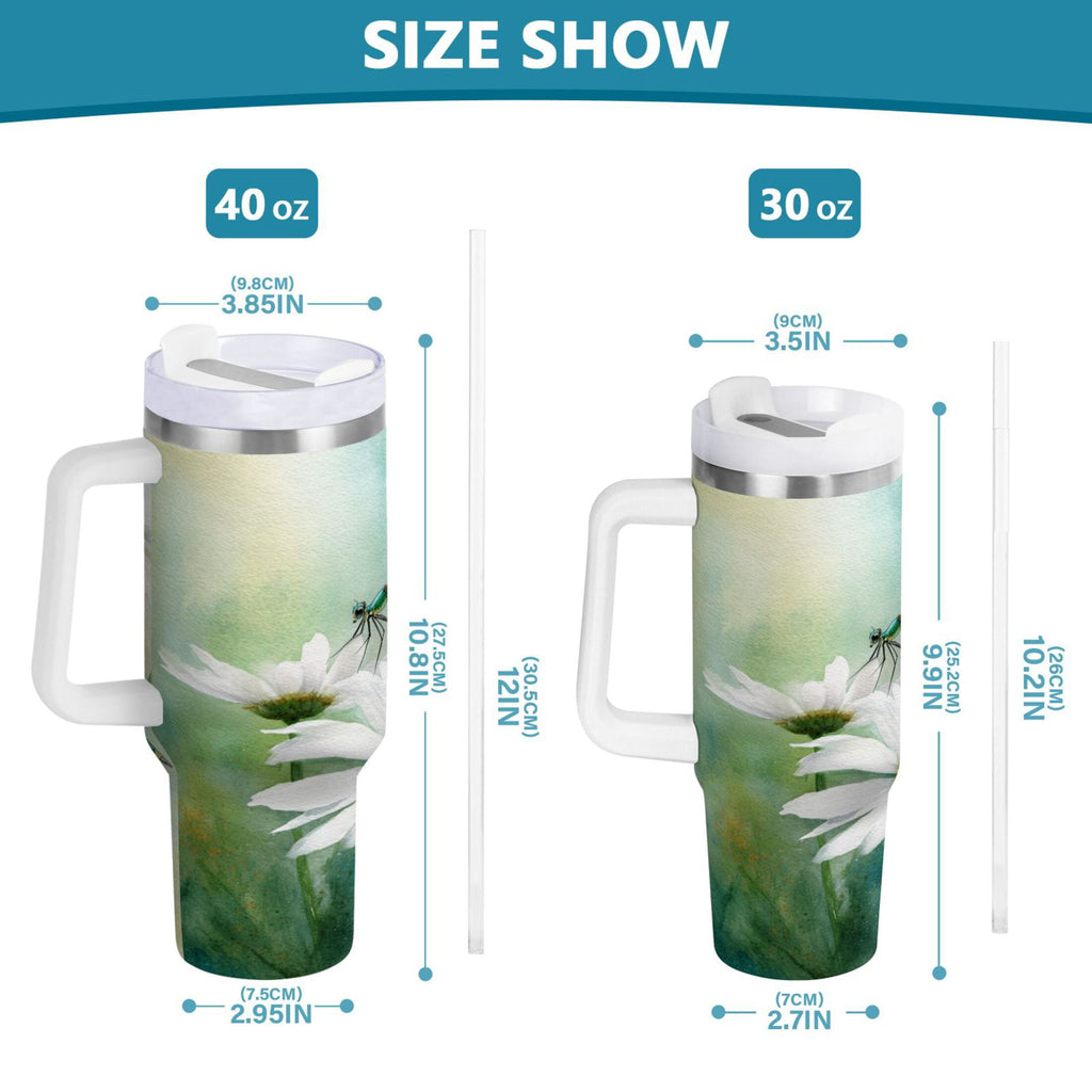 30 oz Insulated Stainless Steel Tumbler Double Wall Stainless Steel Tumbler with 2-Way Drinking Beautiful Dragonflies and Daisies - VZ2H