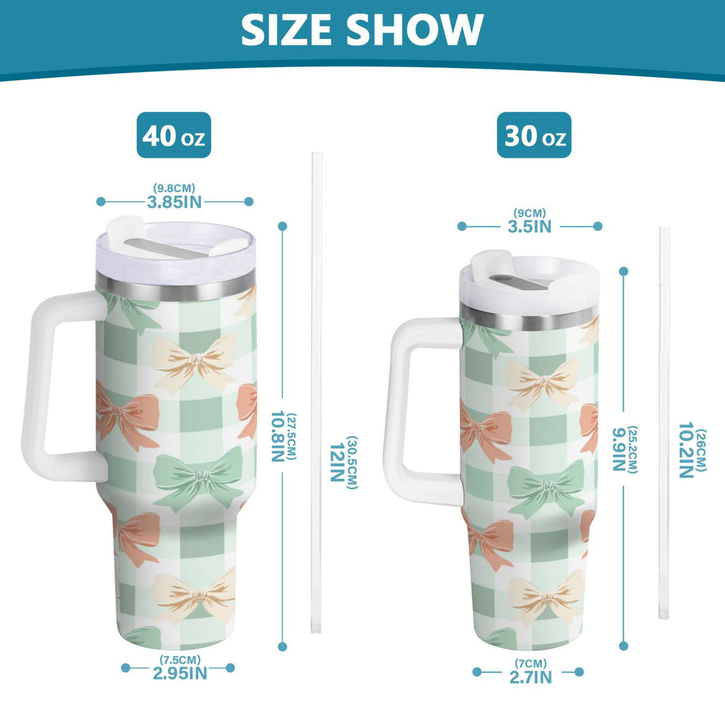 40 oz Insulated Stainless Steel Tumbler Double Wall Stainless Steel Tumbler with 2-Way Drinking Green and Peach Bow Pattern - 194H