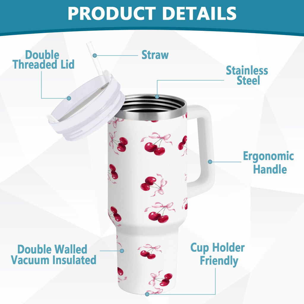 30 oz Insulated Stainless Steel Tumbler Double Wall Stainless Steel Tumbler with 2-Way Drinking Watercolor Cherries Pattern - M0EV