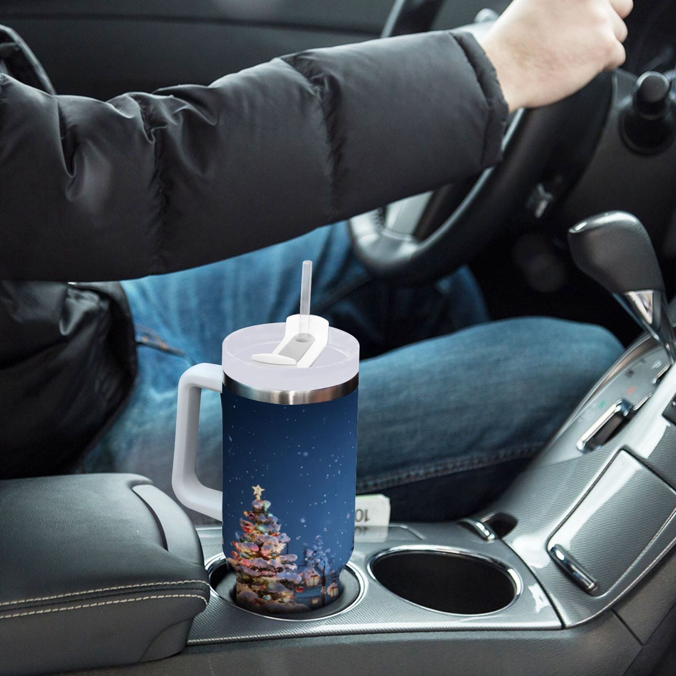 30 oz Insulated Stainless Steel Tumbler Double Wall Stainless Steel Tumbler with 2-Way Drinking Christmas Night Scene - DI8D