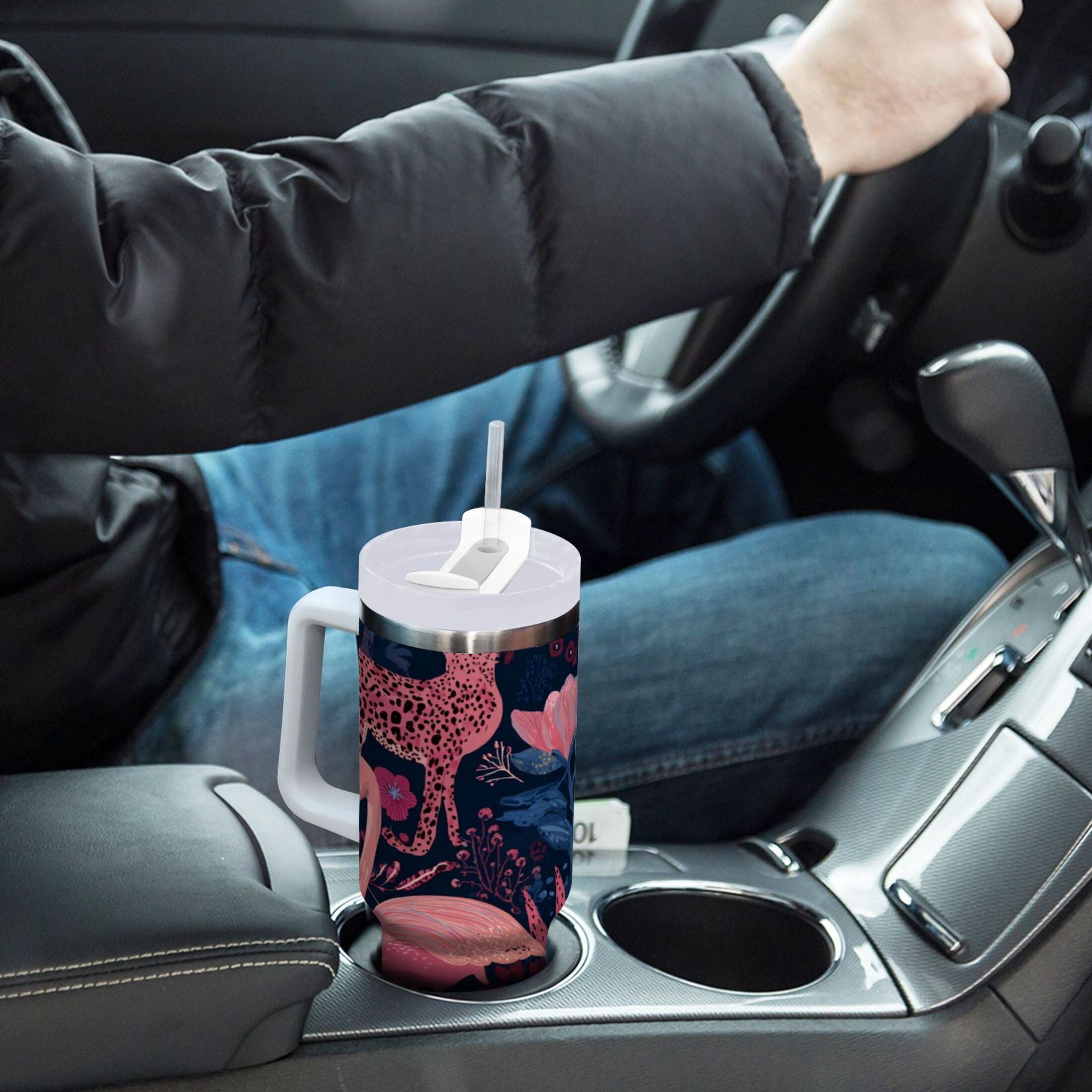 30 oz Insulated Stainless Steel Tumbler Double Wall Stainless Steel Tumbler with 2-Way Drinking Flamingos and Leopard Print - R10E