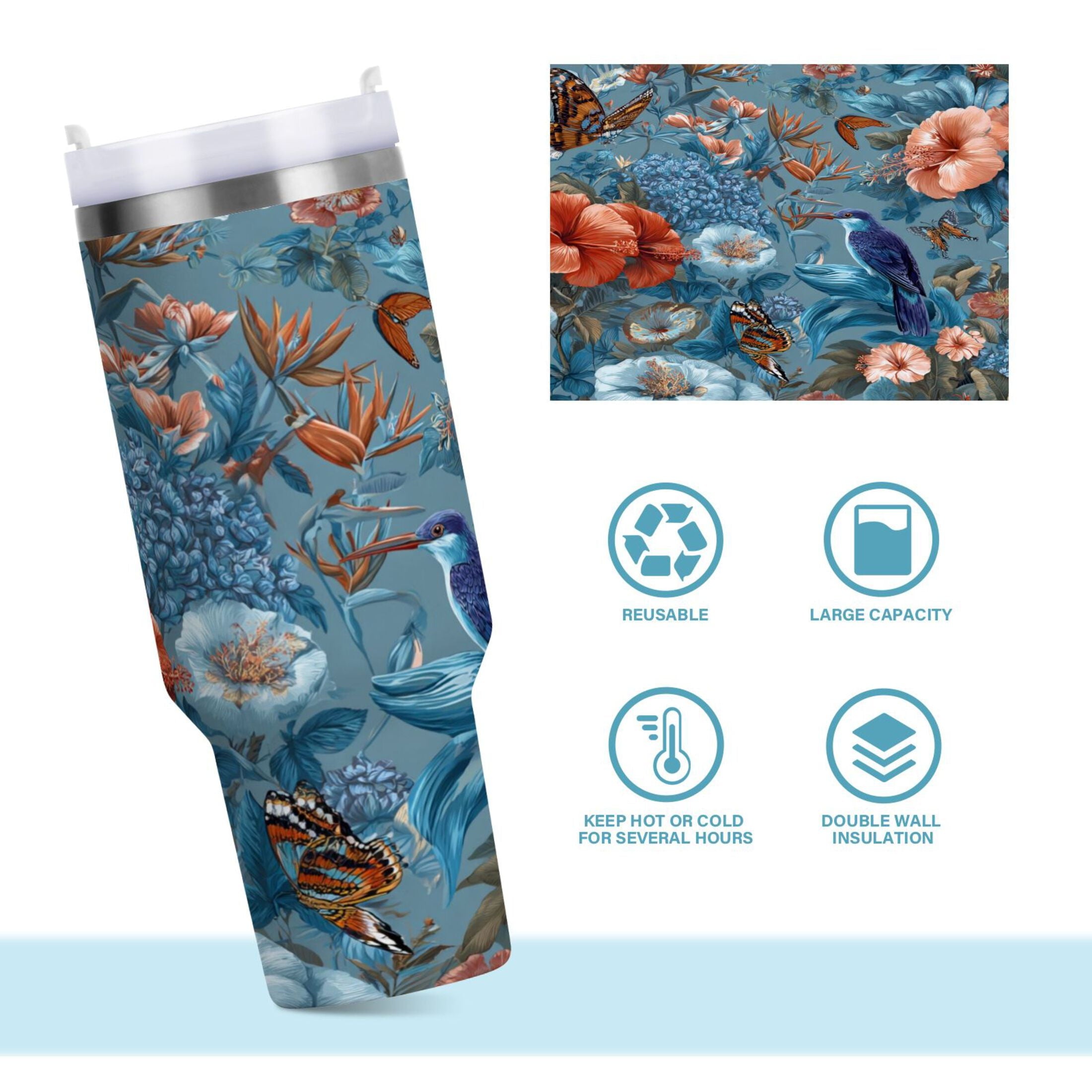 30 oz Insulated Stainless Steel Tumbler Double Wall Stainless Steel Tumbler with 2-Way Drinking Birds and Flowers - WTPG