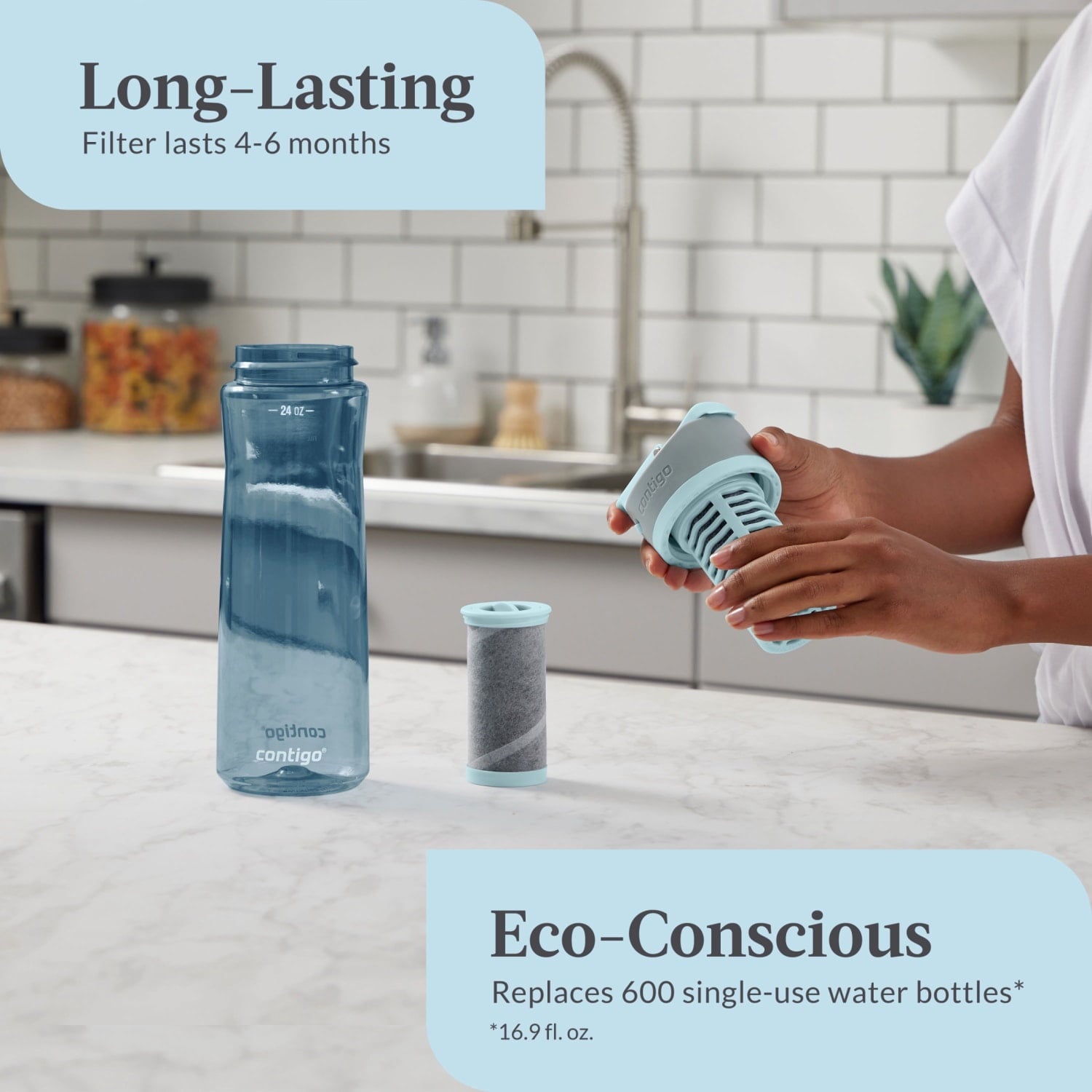(2 pack) Contigo Clybourn Plastic FreeFlow Filter Water Bottle with AUTOSEAL Lid 24 oz., Dark Ice, with Replacable Filter - PVOG