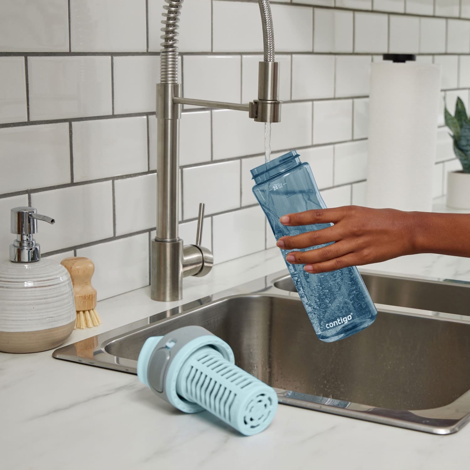 (2 pack) Contigo Clybourn Plastic FreeFlow Filter Water Bottle with AUTOSEAL Lid 24 oz., Dark Ice, with Replacable Filter - PVOG
