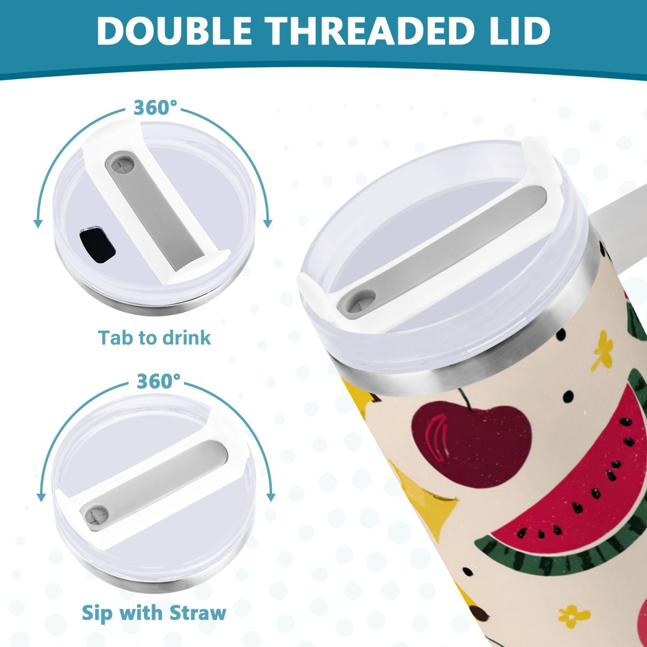 30 oz Insulated Stainless Steel Tumbler Double Wall Stainless Steel Tumbler with 2-Way Drinking Watermelon and Cherries - HD22