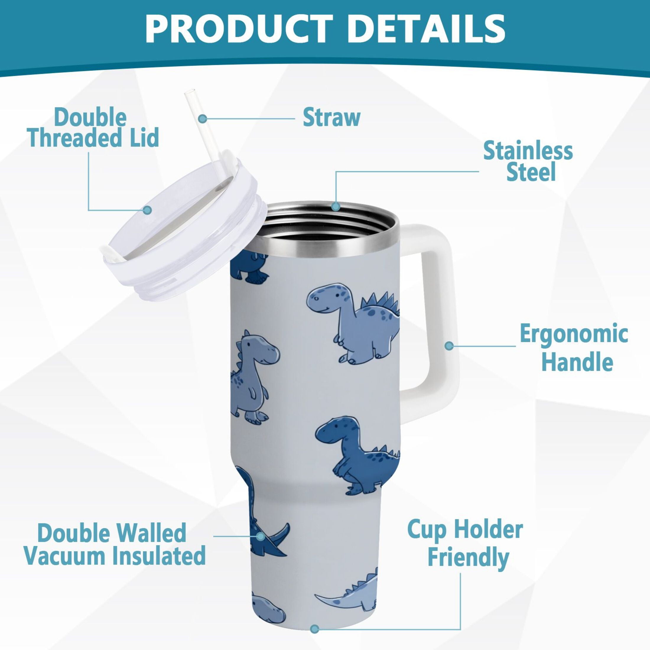 30 oz Insulated Stainless Steel Tumbler Double Wall Stainless Steel Tumbler with 2-Way Drinking Cute Blue Dinosaurs - LQ4P