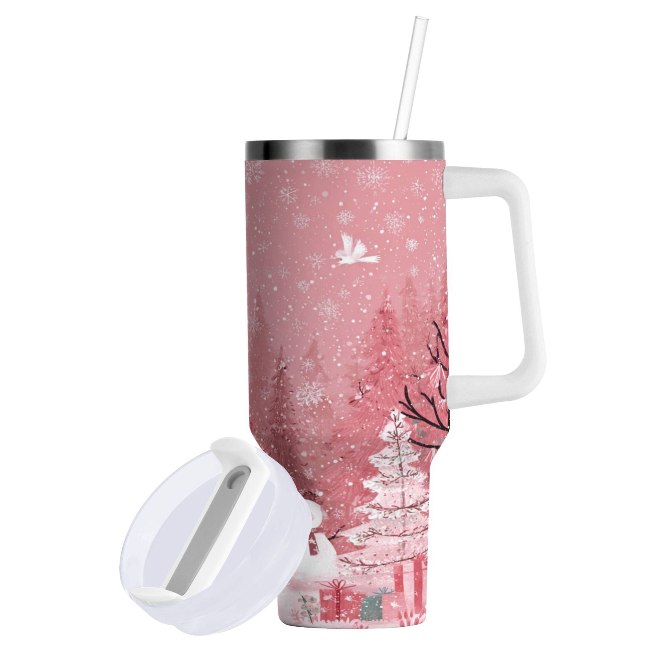 40 oz Insulated Stainless Steel Tumbler Double Wall Stainless Steel Tumbler with 2-Way Drinking Christmas Forest with Snowmen - H8TD
