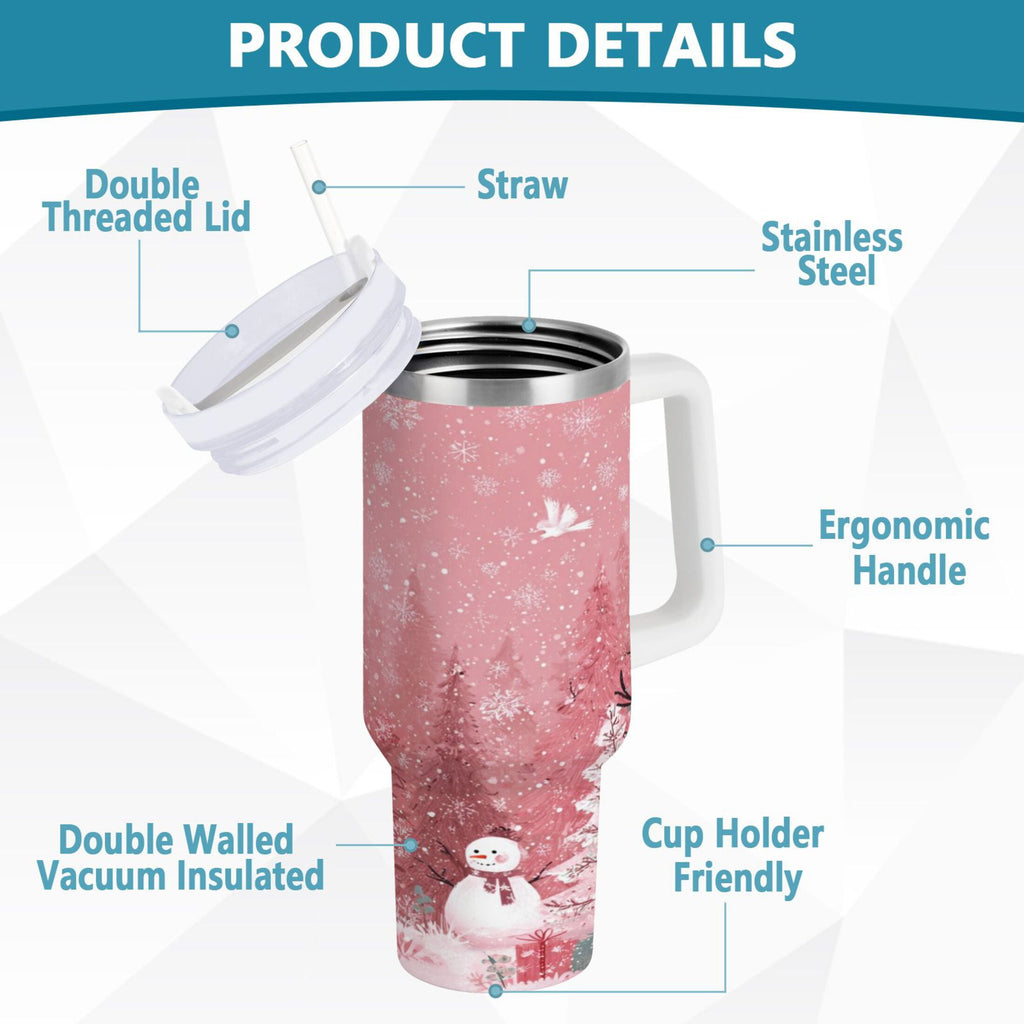 40 oz Insulated Stainless Steel Tumbler Double Wall Stainless Steel Tumbler with 2-Way Drinking Christmas Forest with Snowmen - H8TD