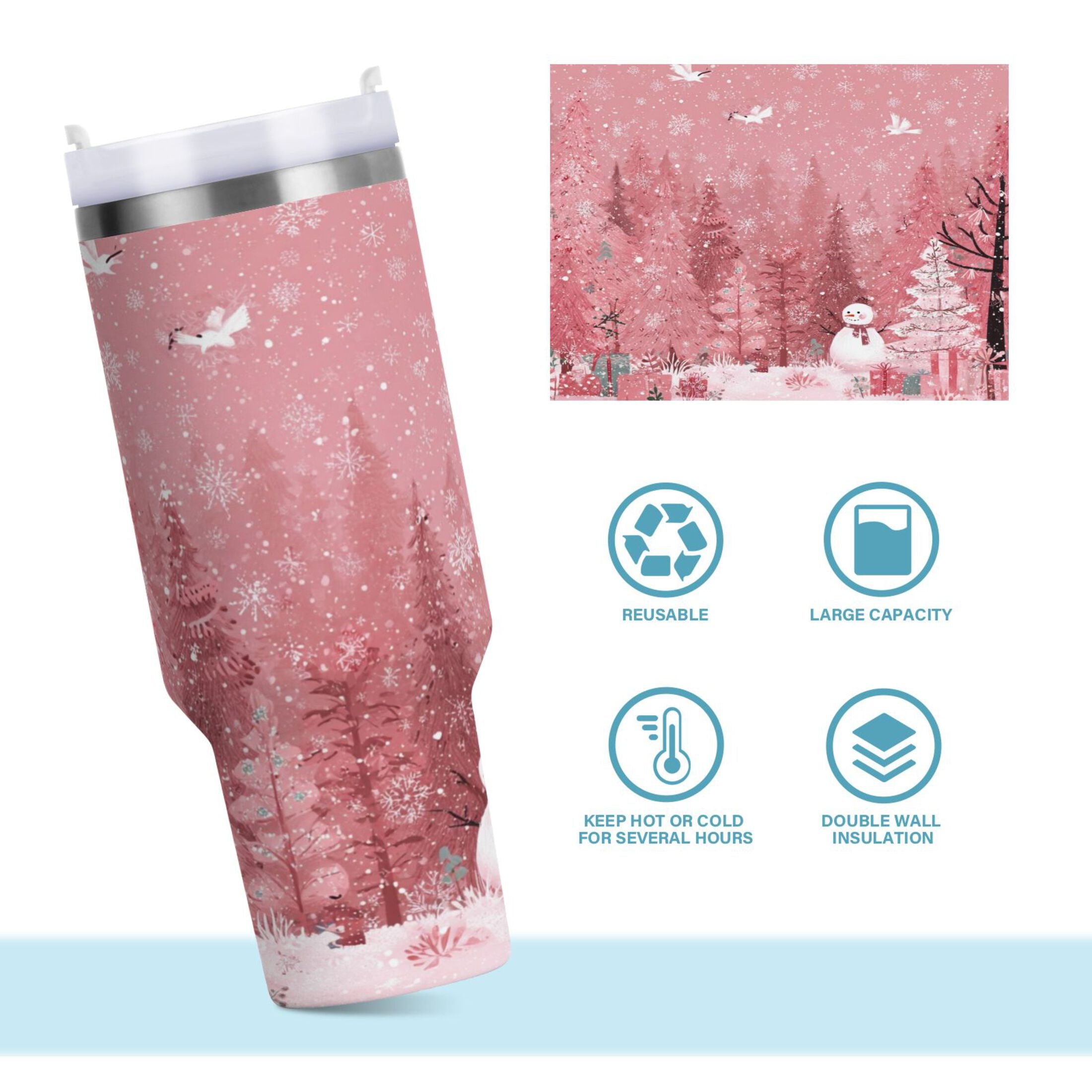 40 oz Insulated Stainless Steel Tumbler Double Wall Stainless Steel Tumbler with 2-Way Drinking Christmas Forest with Snowmen - H8TD