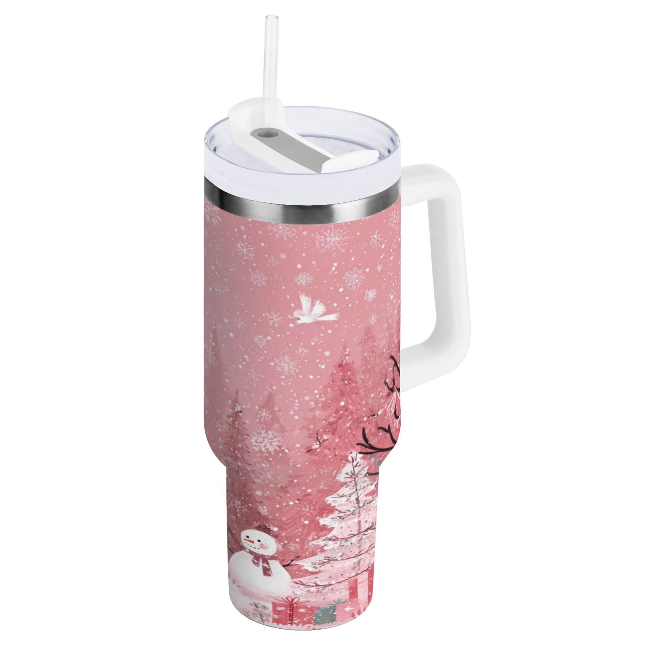 40 oz Insulated Stainless Steel Tumbler Double Wall Stainless Steel Tumbler with 2-Way Drinking Christmas Forest with Snowmen - H8TD