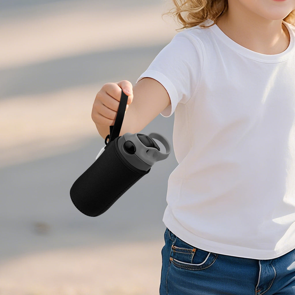 Linkidea Water Bottle Sleeve Compatible with Contigo Aubrey Tritan 14oz, Steel 13oz Kids Bottle, Waterbottle Holder Bag with Name Tag, Black - IBVZ