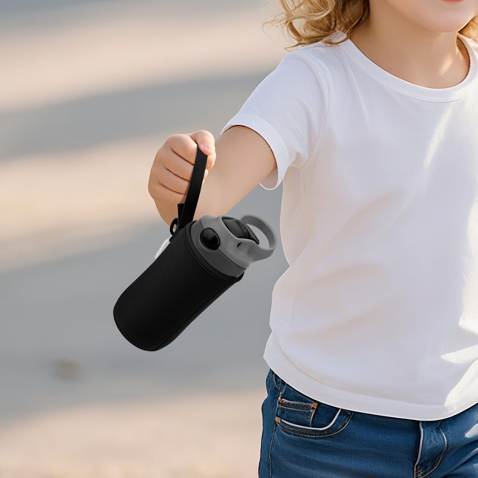 Linkidea Water Bottle Sleeve Compatible with Contigo Aubrey Tritan 14oz, Steel 13oz Kids Bottle, Waterbottle Holder Bag with Name Tag, Black - IBVZ