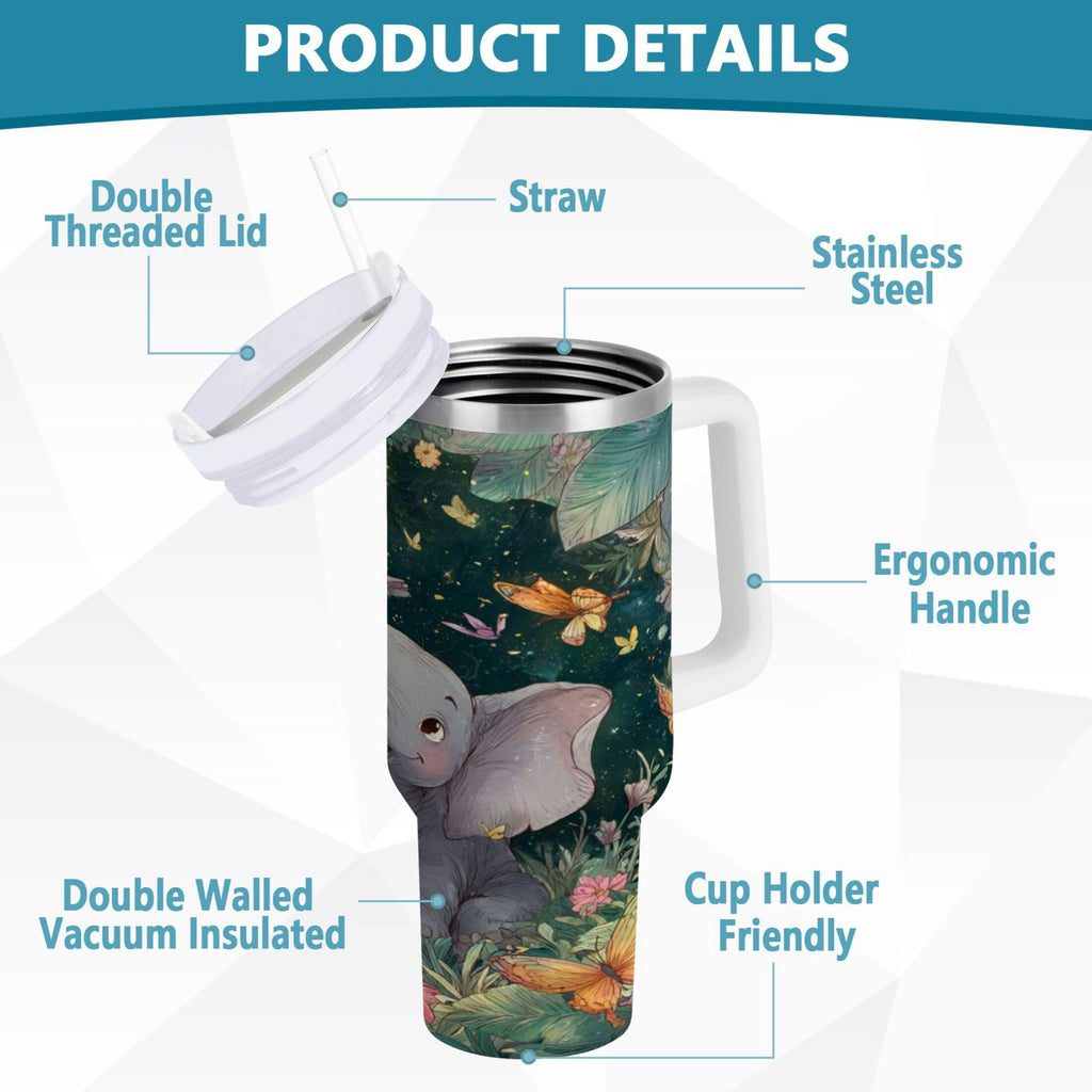 40 oz Insulated Stainless Steel Tumbler Double Wall Stainless Steel Tumbler with 2-Way Drinking Cute Elephant - GY1A