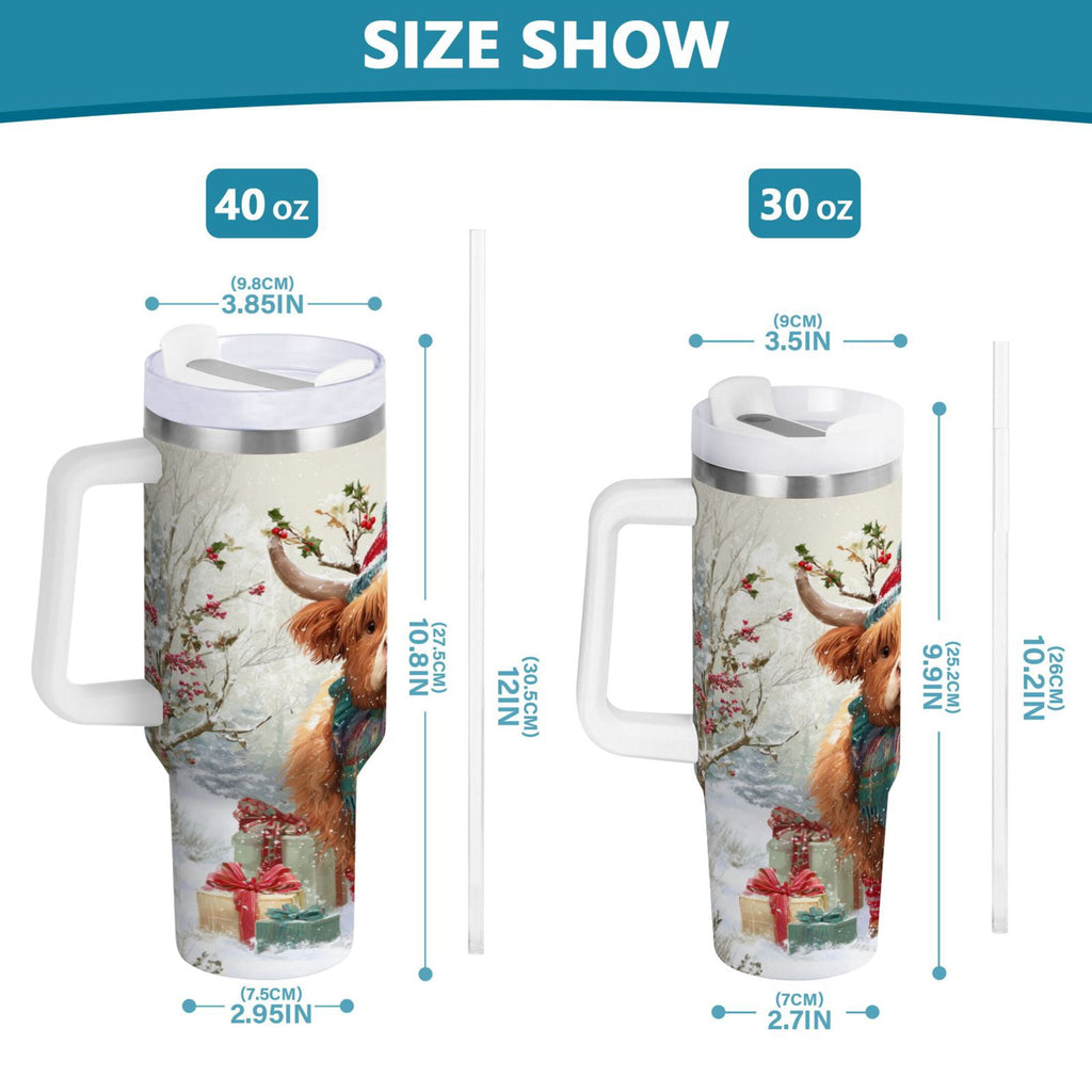30 oz Insulated Stainless Steel Tumbler Double Wall Stainless Steel Tumbler with 2-Way Drinking Cow Wearing Christmas Hat - QIV6