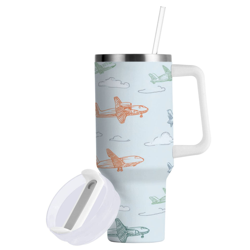 30 oz Insulated Stainless Steel Tumbler Double Wall Stainless Steel Tumbler with 2-Way Drinking Pastel Doodle Airplanes - LVQZ