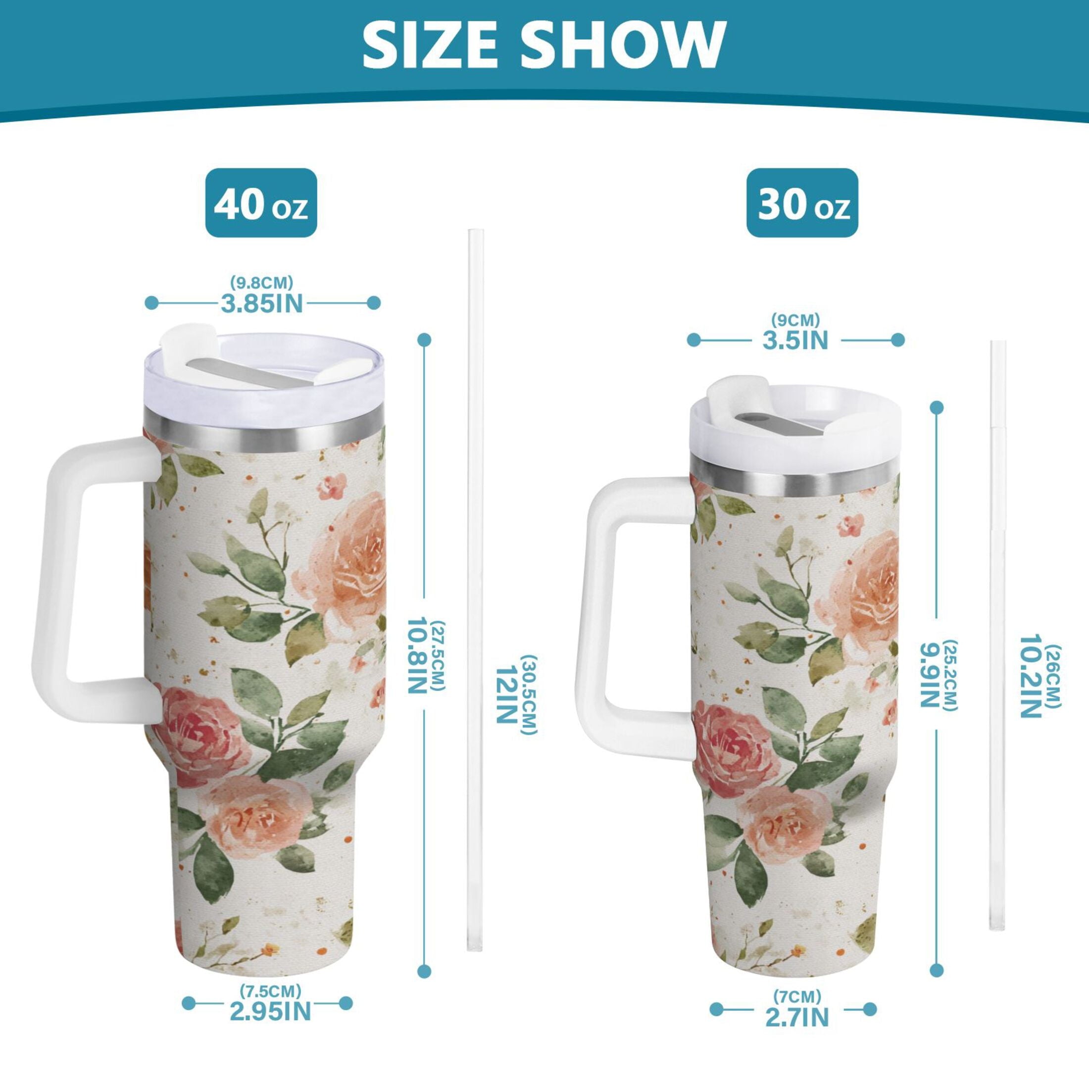 40 oz Insulated Stainless Steel Tumbler Double Wall Stainless Steel Tumbler with 2-Way Drinking Watercolor Rose Floral Pattern - 69D6