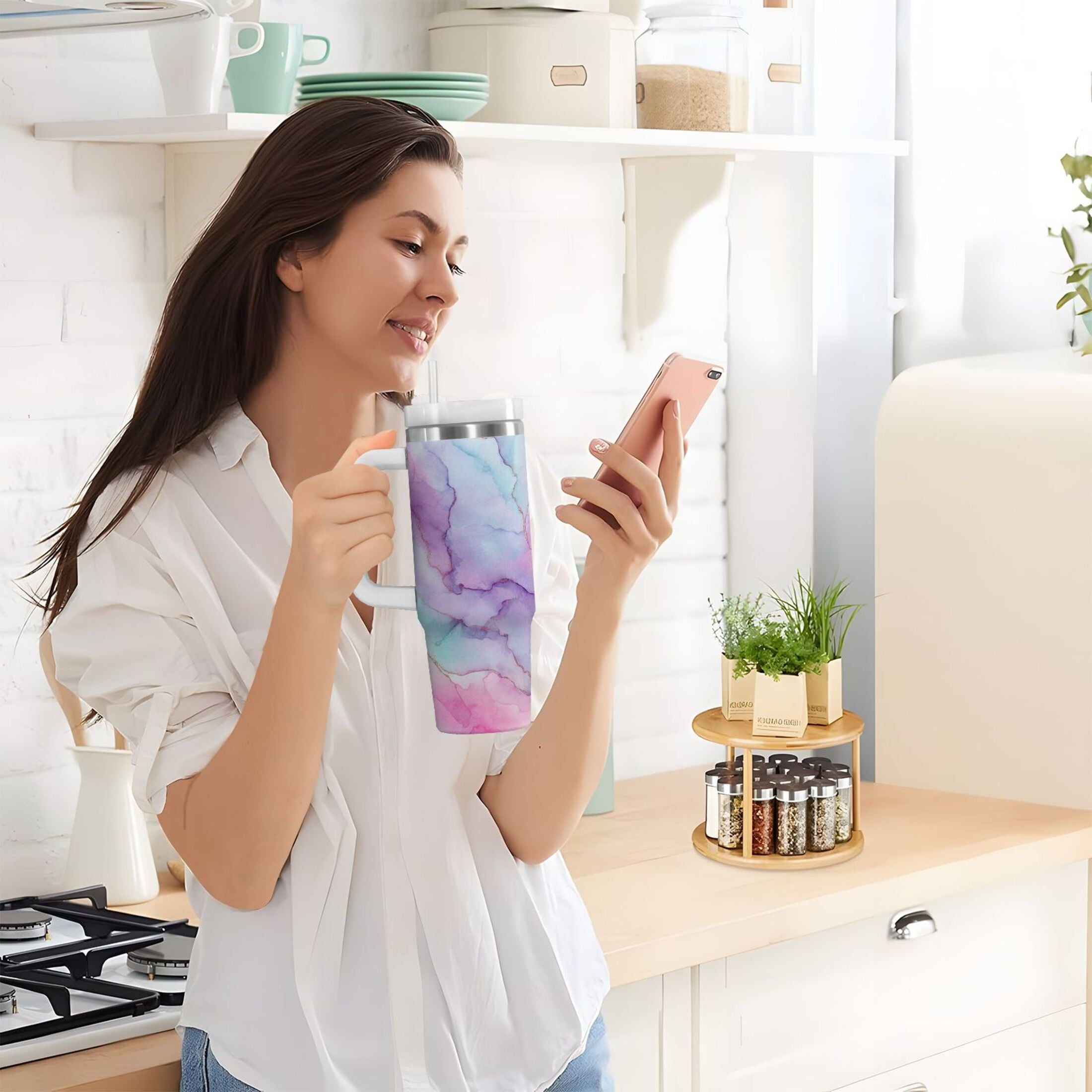 30 oz Insulated Stainless Steel Tumbler Double Wall Stainless Steel Tumbler with 2-Way Drinking Pastel Pink Marble Texture - IXQ0