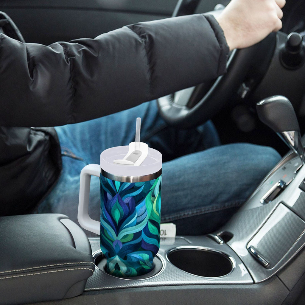 40 oz Insulated Stainless Steel Tumbler Double Wall Stainless Steel Tumbler with 2-Way Drinking Elegant Blue Abstract Shapes - FWFT